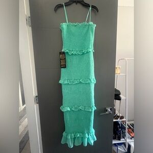 Bebe Turqouise Georgette Smocked Midi Dress